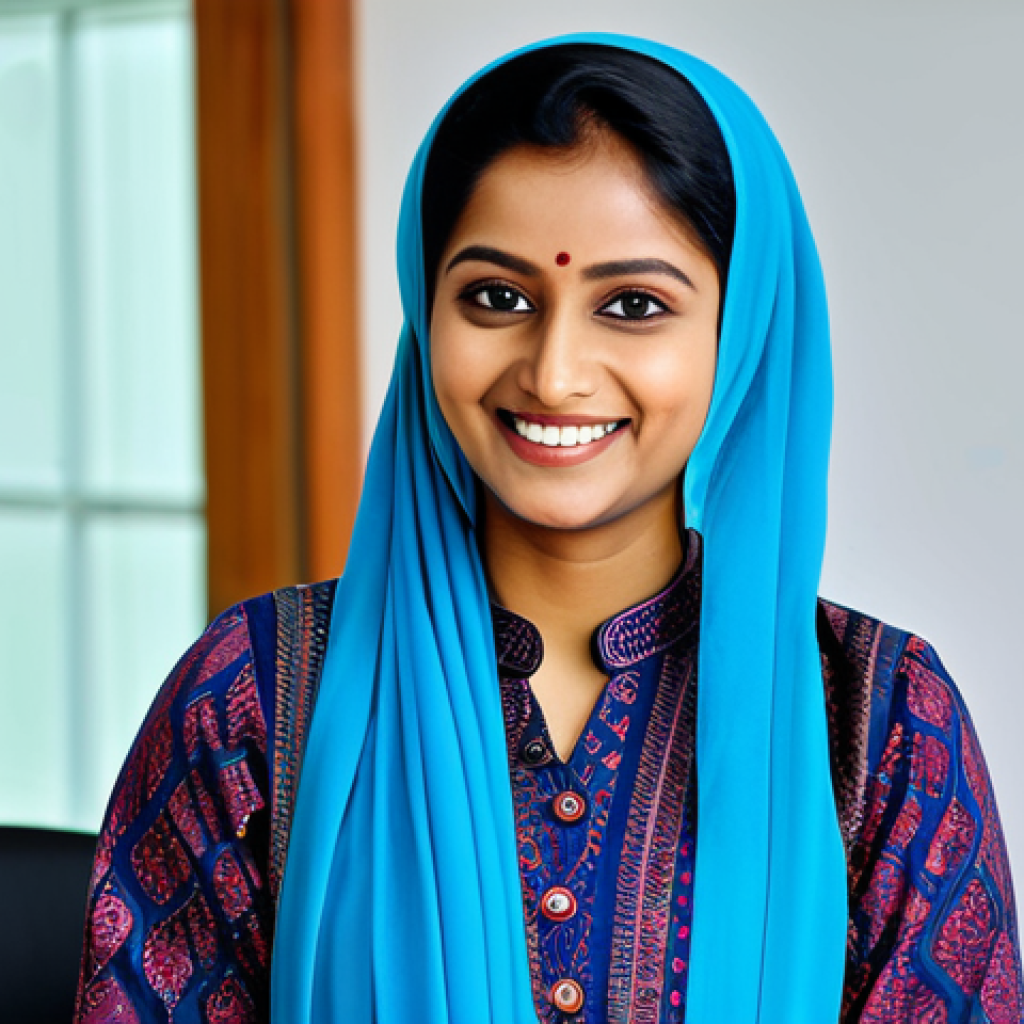 **

A professional Bangladeshi woman in a modest, elegant salwar kameez, smiling warmly in a modern Dhaka office setting. Fully clothed, appropriate attire, safe for work. Perfect anatomy, natural proportions, professional headshot, high quality, bright natural lighting. Family-friendly.

**