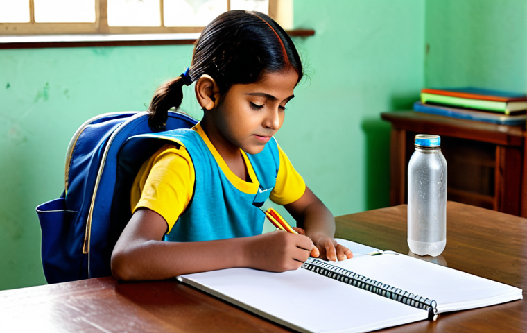 초등학교 학용품비 - Thoughtful Budget Planning for School Supplies**
A realistic, warmly lit scene inside a comfortable ...