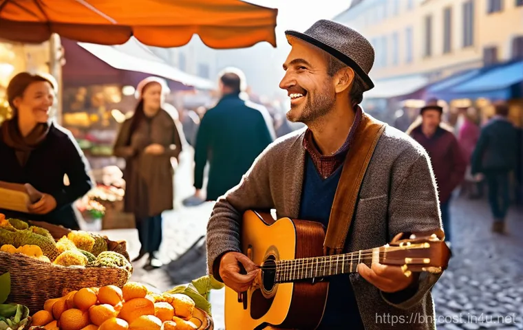 드론 촬영 비용 - **Prompt 1:** "A bustling, vibrant open-air market scene in a charming European town square. Diverse...