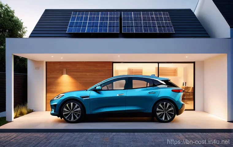 전기차 충전 비용 - **Home EV Charging Experience at Dusk:**
    "A cozy, modern suburban home garage or driveway scene ...