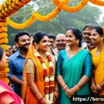 웨딩 촬영 비용 - A professional Bengali wedding photographer capturing candid moments at a vibrant outdoor wedding ve...