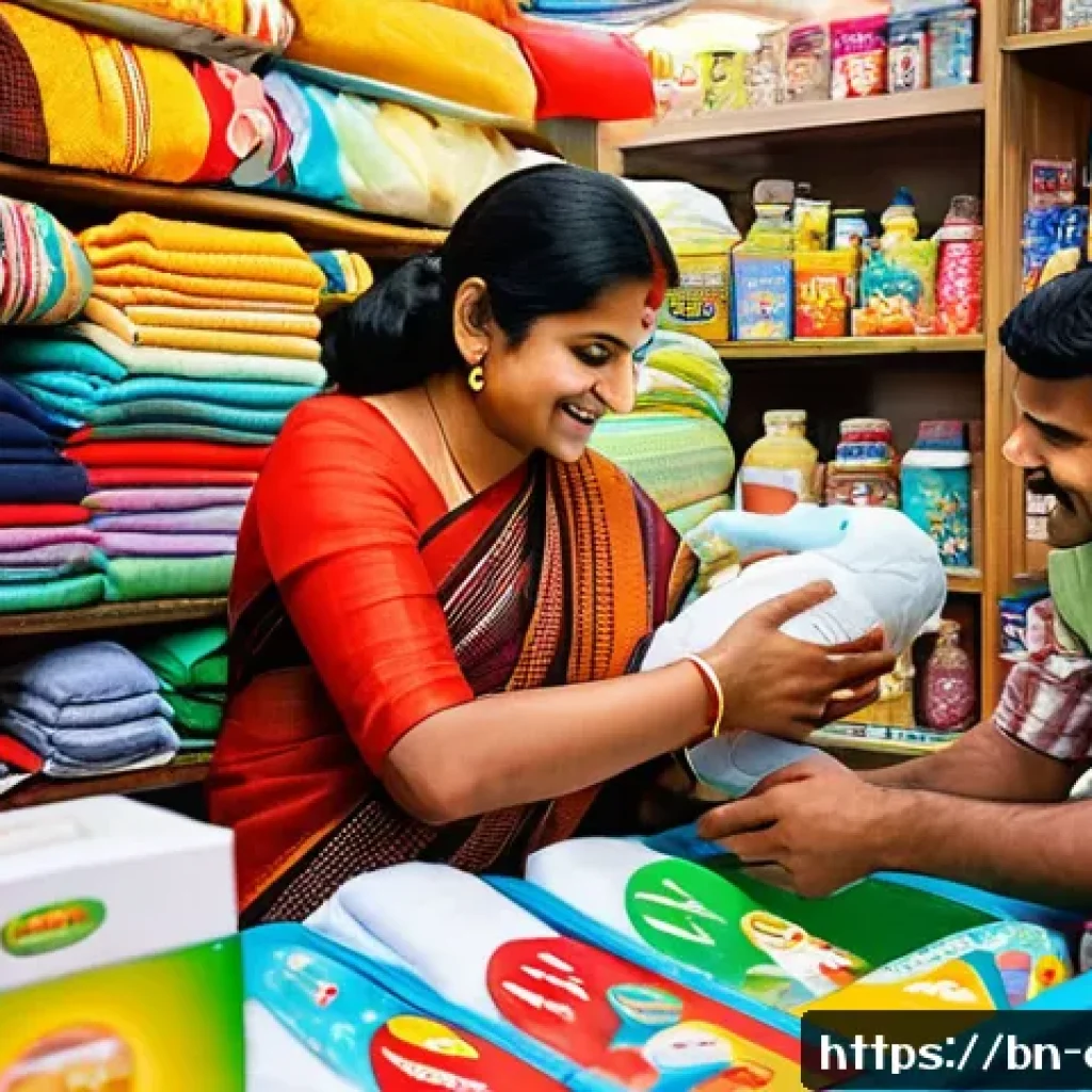 유아용품 구매비용 - A warm and inviting scene of a Bengali family shopping together for baby essentials at a local marke...