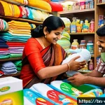 유아용품 구매비용 - A warm and inviting scene of a Bengali family shopping together for baby essentials at a local marke...