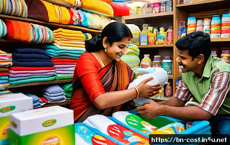 유아용품 구매비용 - A warm and inviting scene of a Bengali family shopping together for baby essentials at a local marke...