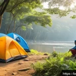 캠핑장 이용료 - A serene government forest camping site in Bangladesh during early morning, featuring a small group ...