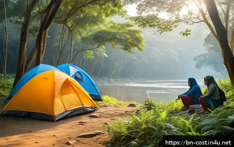 캠핑장 이용료 - A serene government forest camping site in Bangladesh during early morning, featuring a small group ...