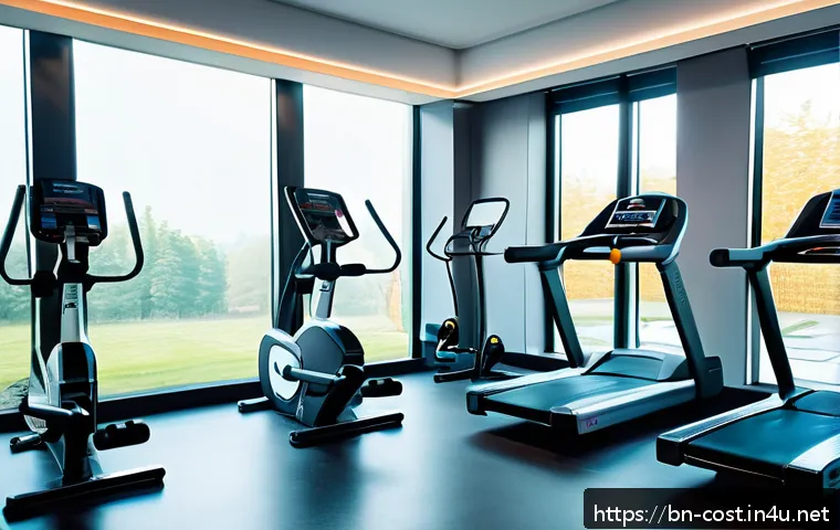 헬스장 회원권 - A modern fitness club interior showcasing a spotless, well-maintained environment with gleaming floo...