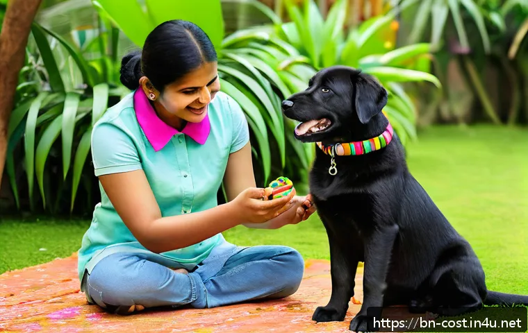반려견 훈련 비용 - A detailed scene of a Bengali family training their young puppy wearing a colorful collar and leash ...