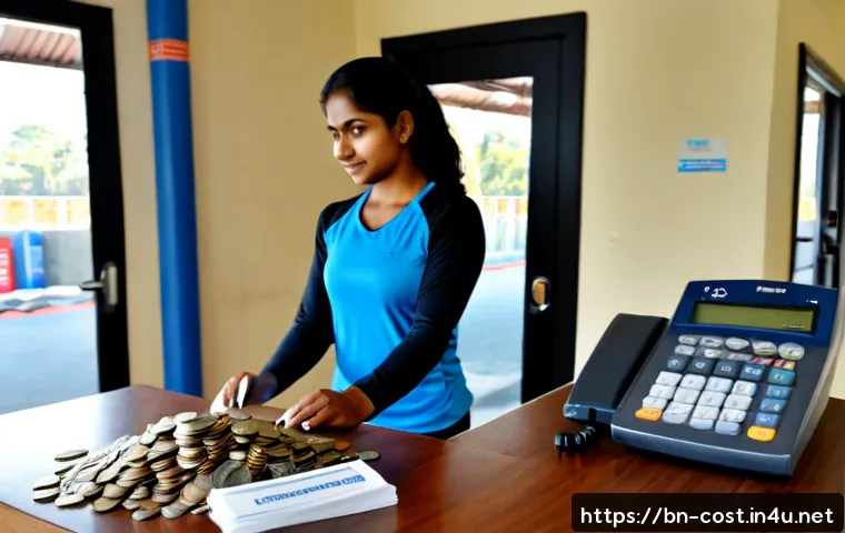 운동 시설 비용 - Photorealistic modern neighborhood fitness center entrance in Bangladesh, a South Asian adult woman ...